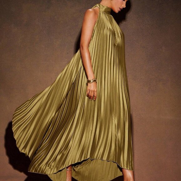 olive sexy Women's Elegant Pleated High Low Backless maxi dress - Picture 3 of 5